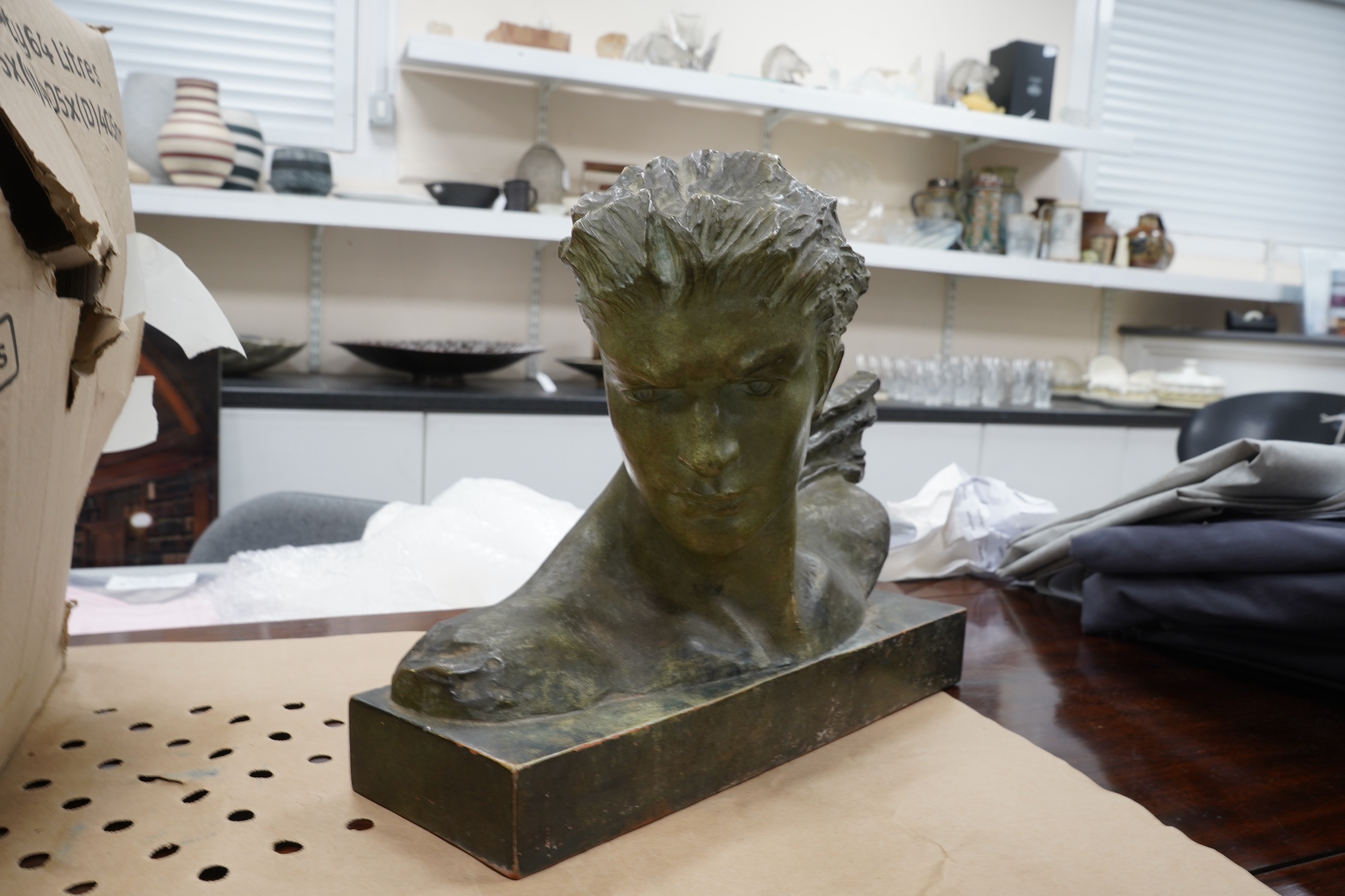Gauthiot - bronzed terracotta portrait bust, Aviator Mermoz, 46cm wide x 33cm high